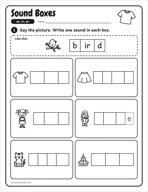 Sound Boxes: a er, ir and ur picture worksheet
