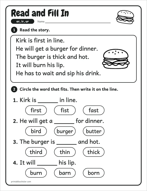 Read and Fill In: a er, ir and ur picture worksheet