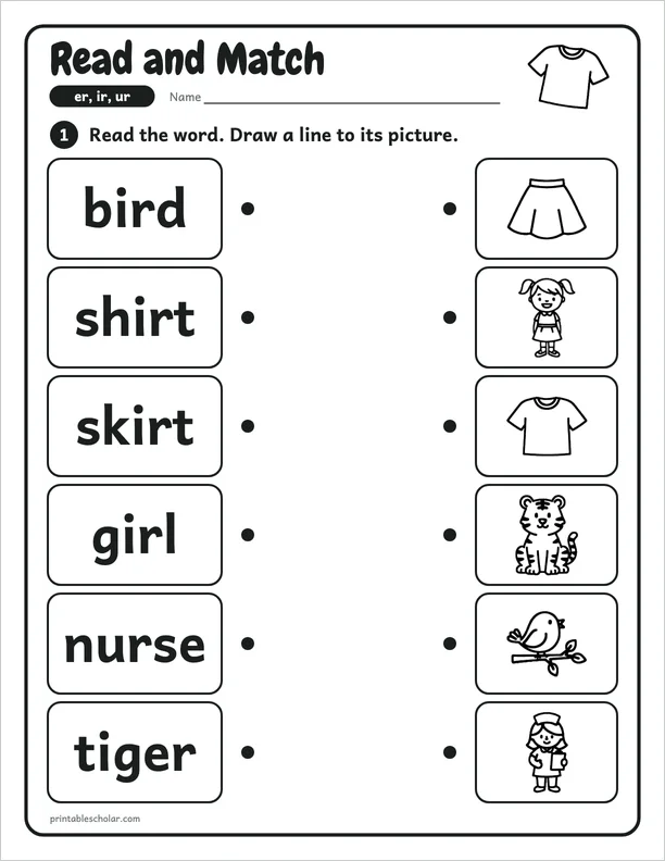 Read and Match: a er, ir and ur picture worksheet