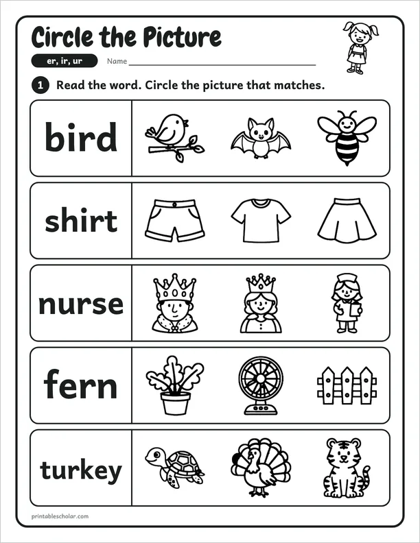 Circle the Picture: a er, ir and ur picture worksheet