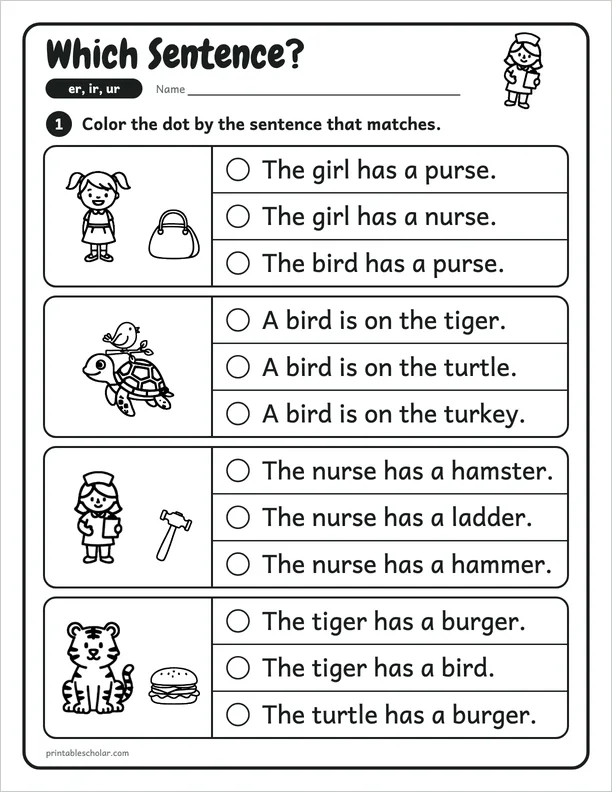 Which Sentence?: a er, ir and ur picture worksheet