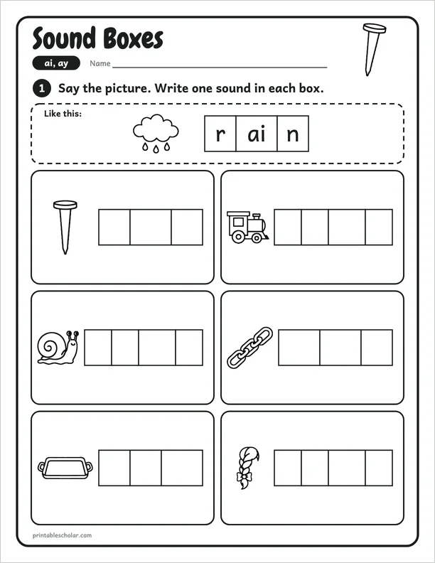 Sound Boxes: a free ai and ay word work worksheet