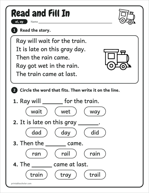 Read and Fill In: a free ai and ay word work worksheet