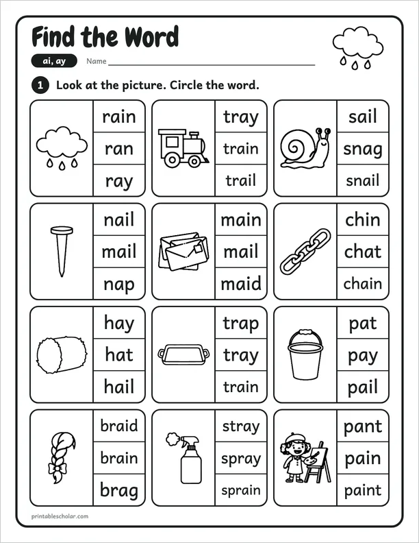 Find the Word: a free ai and ay word work worksheet