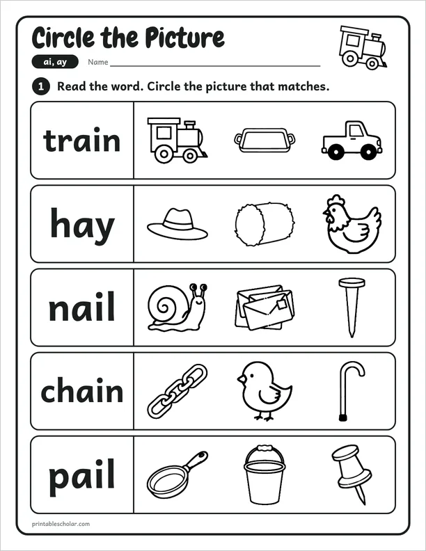 Circle the Picture: a free ai and ay word work worksheet