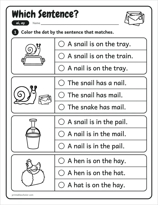 Which Sentence?: a free ai and ay word work worksheet