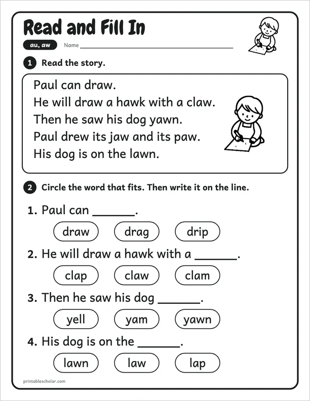 Read and Fill In: a au and aw picture worksheet