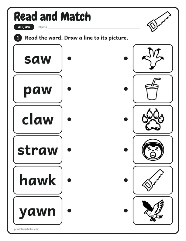 Read and Match: a au and aw picture worksheet