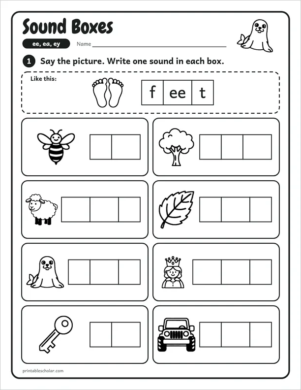 Sound Boxes: a ee, ea and ey picture worksheet