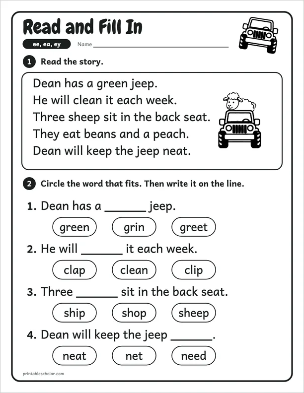 Read and Fill In: a ee, ea and ey picture worksheet