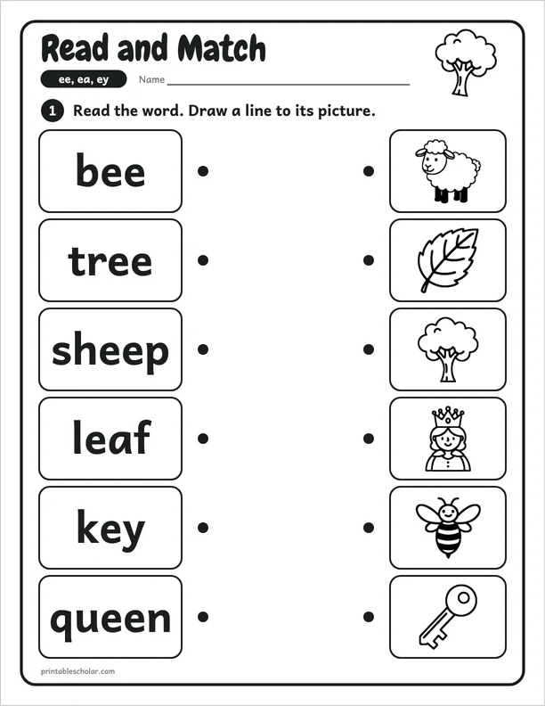 Read and Match: a ee, ea and ey picture worksheet