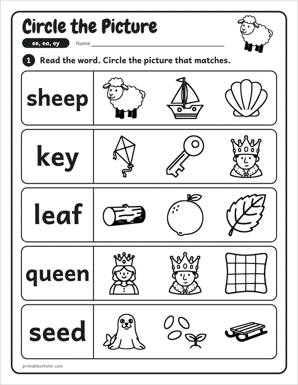 Circle the Picture: a ee, ea and ey picture worksheet
