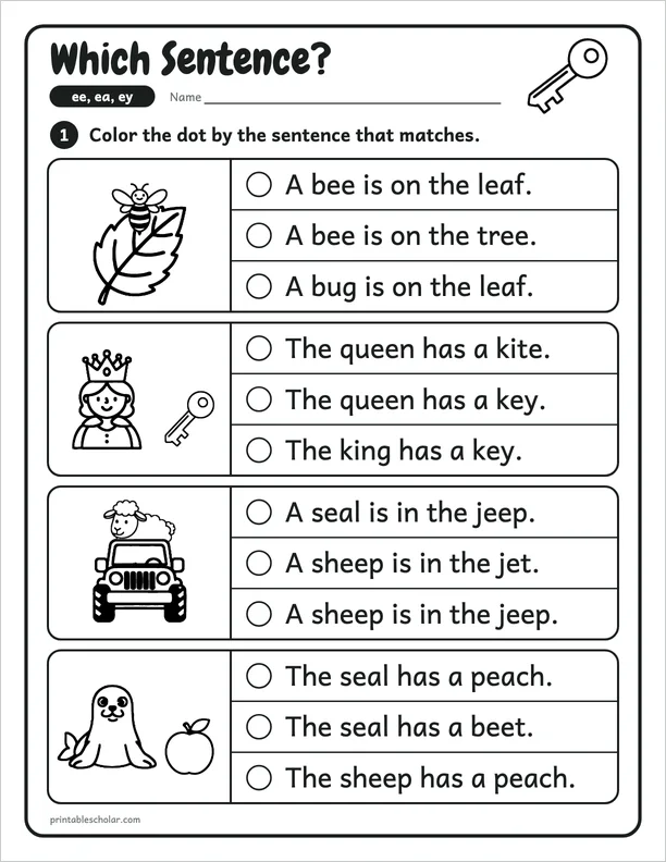 Which Sentence?: a ee, ea and ey picture worksheet