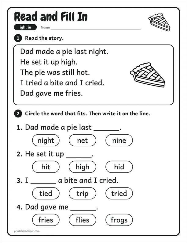 Read and Fill In: a igh and ie picture worksheet