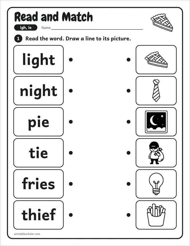 Read and Match: a igh and ie picture worksheet