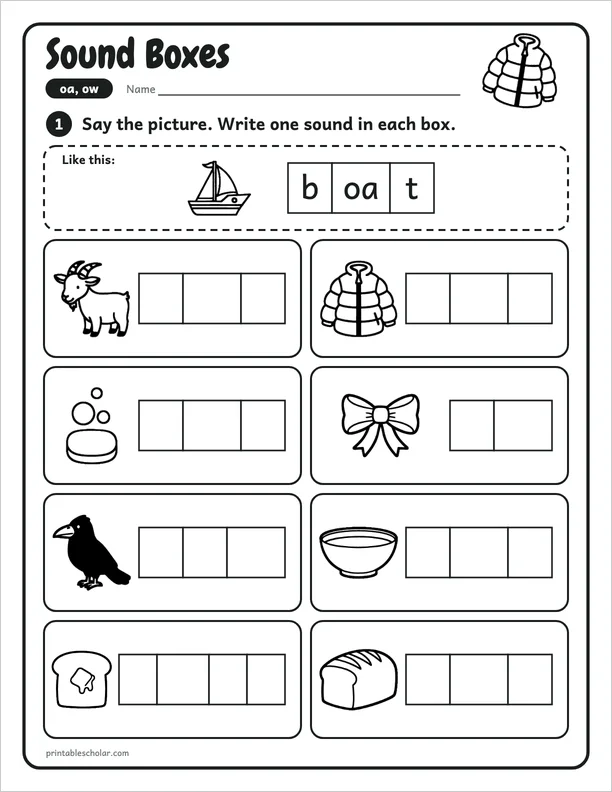 Sound Boxes: a oa and ow picture worksheet