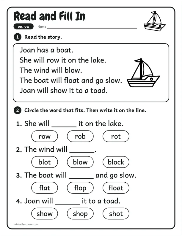 Read and Fill In: a oa and ow picture worksheet