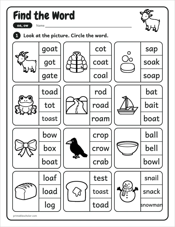Find the Word: a oa and ow picture worksheet