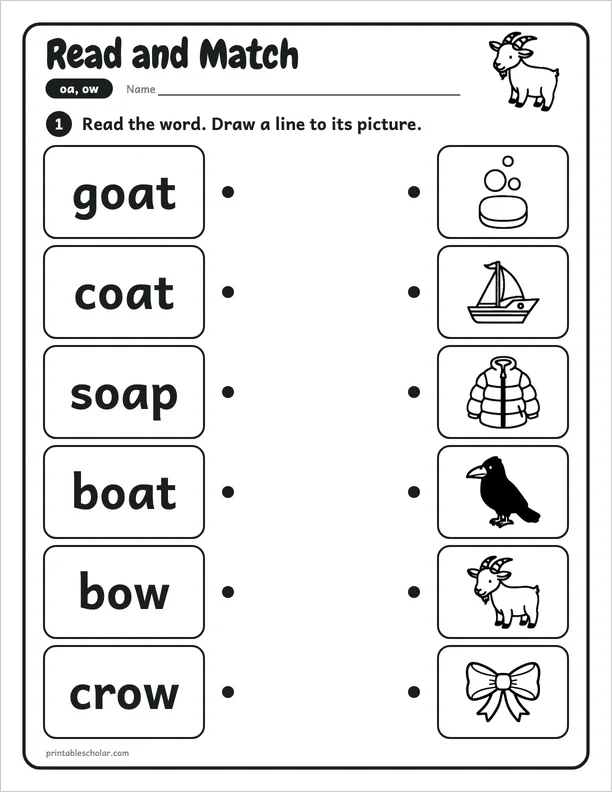 Read and Match: a oa and ow picture worksheet