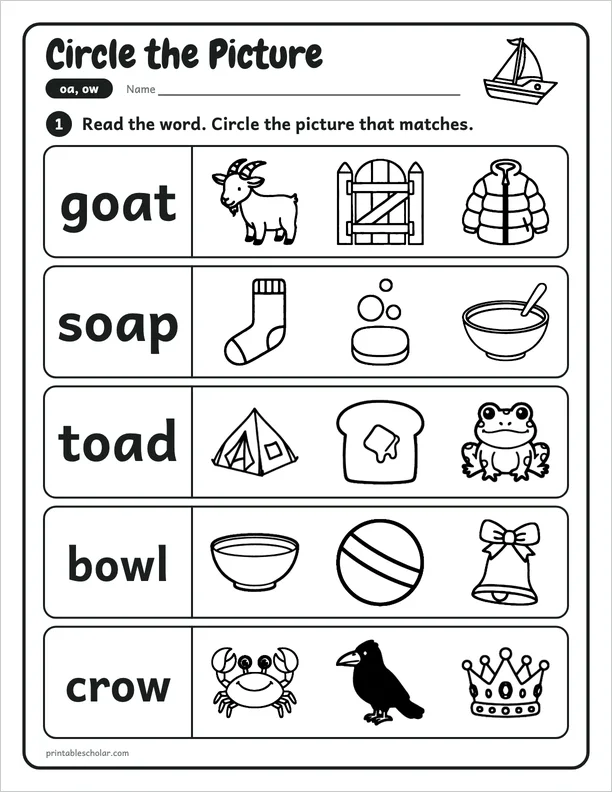 Circle the Picture: a oa and ow picture worksheet