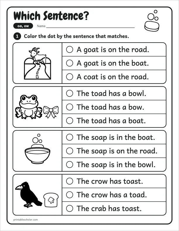 Which Sentence?: a oa and ow picture worksheet