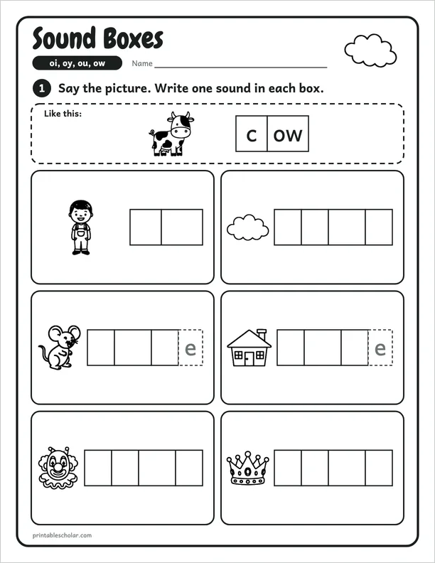Sound Boxes: a oi, oy, ou and ow picture worksheet