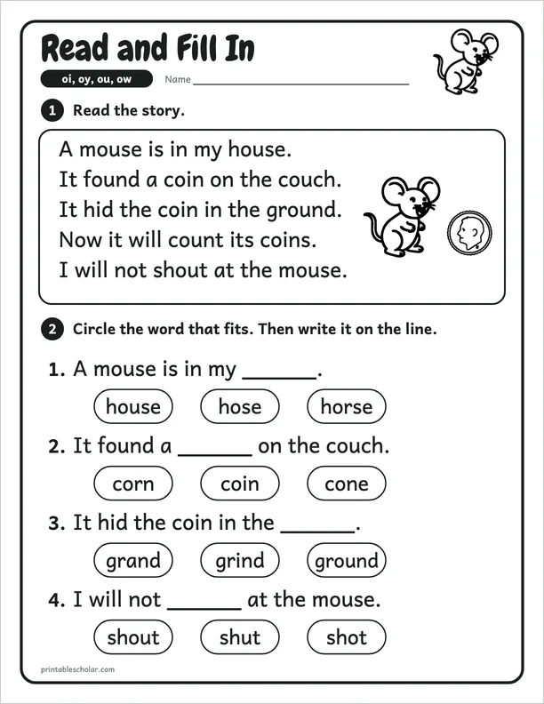 Read and Fill In: a oi, oy, ou and ow picture worksheet