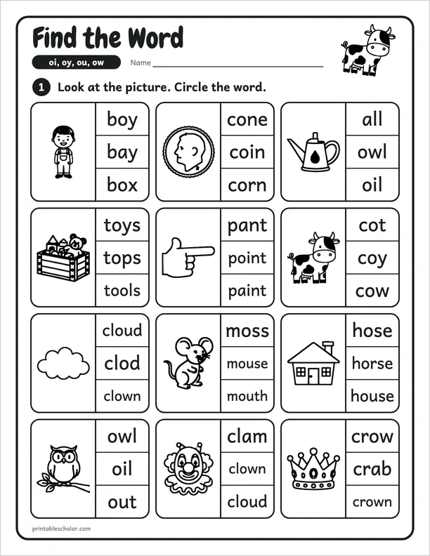 Find the Word: a oi, oy, ou and ow picture worksheet