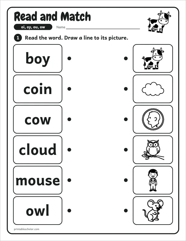Read and Match: a oi, oy, ou and ow picture worksheet