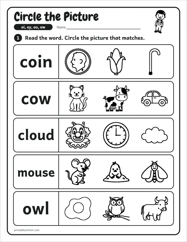 Circle the Picture: a oi, oy, ou and ow picture worksheet