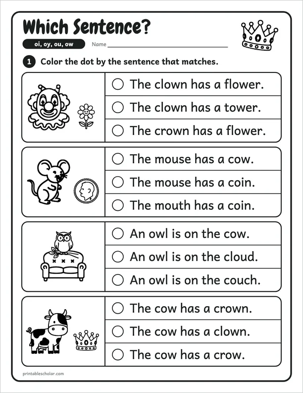 Which Sentence?: a oi, oy, ou and ow picture worksheet