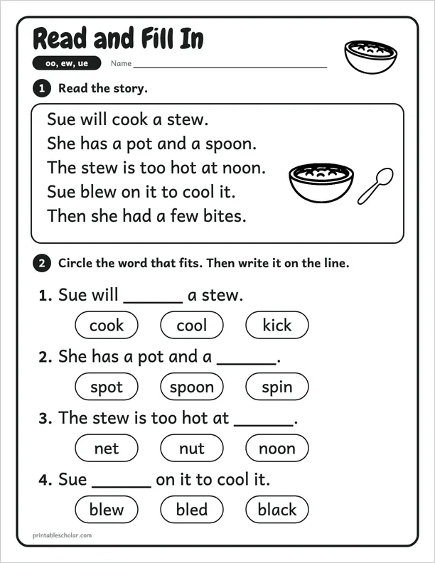 Read and Fill In: a oo, ew and ue picture worksheet