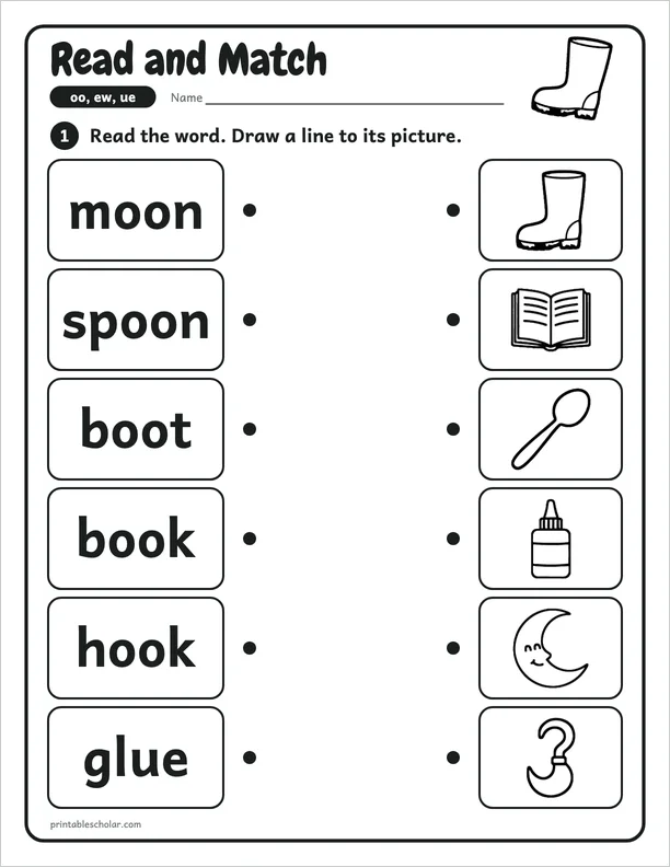 Read and Match: a oo, ew and ue picture worksheet