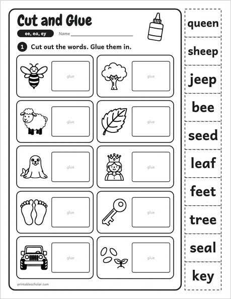 Cut and Glue worksheet from the Level 4 Word Work: Vowel Teams pack