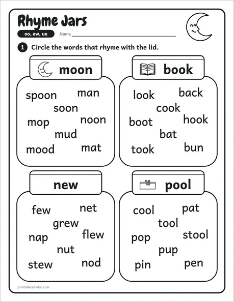 Rhyme Jars worksheet from the Level 4 Word Work: Vowel Teams pack
