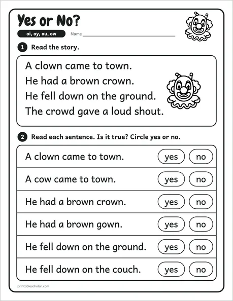 Yes or No? worksheet from the Level 4 Word Work: Vowel Teams pack
