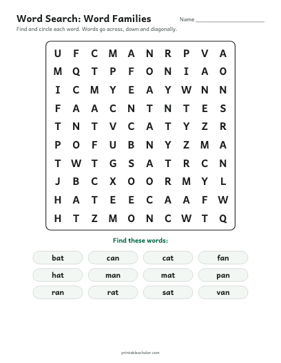 Word Families word search printable preview