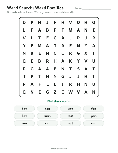 Word Families word search printable preview