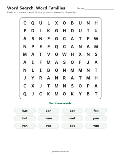 Word Families word search printable preview