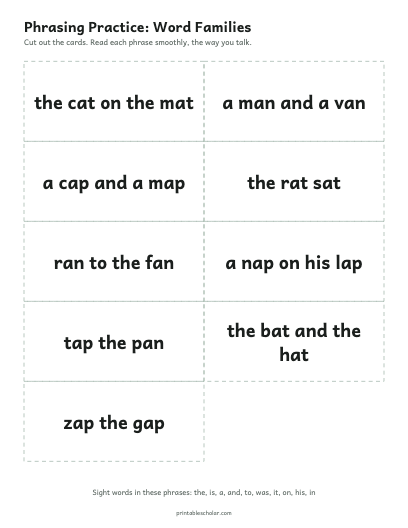 Word Families phrasing cards printable preview