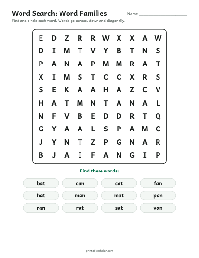 Word Families word search printable preview