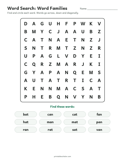 Word Families word search printable preview