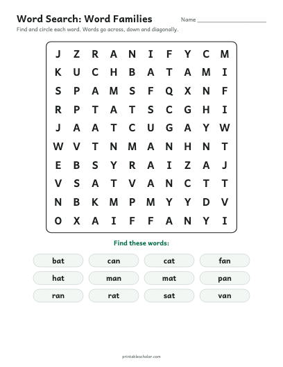 Word Families word search printable preview