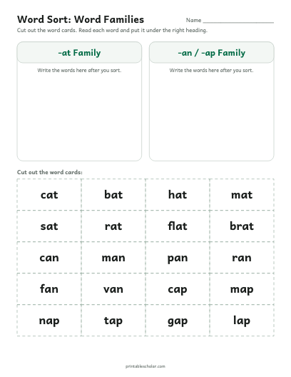 Word Families word sort printable preview