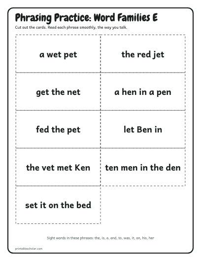 Word Families E phrasing cards printable preview