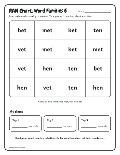 Word Families E ran chart printable preview