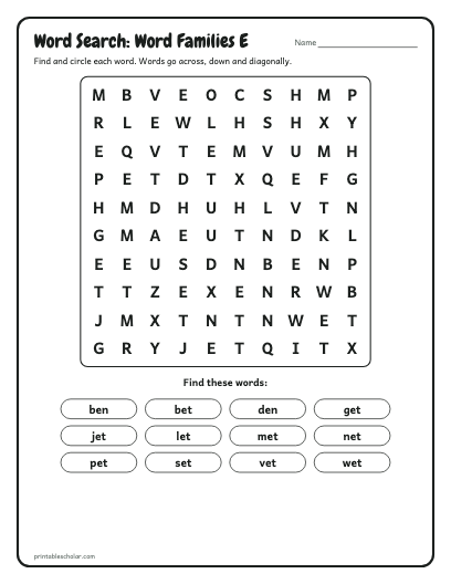 Word Families E word search printable preview