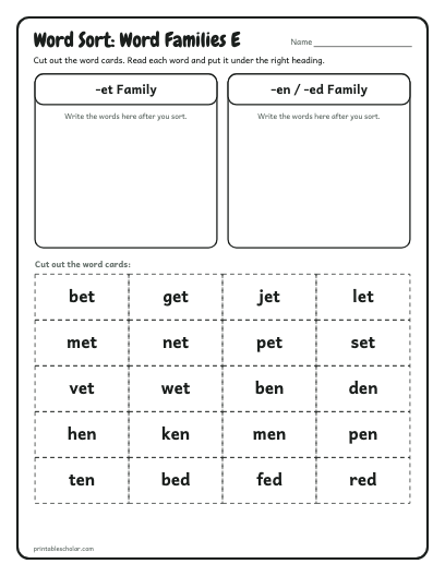 Word Families E word sort printable preview