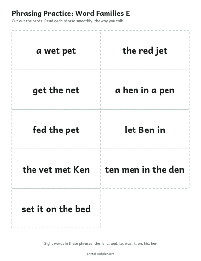Word Families E phrasing cards printable preview