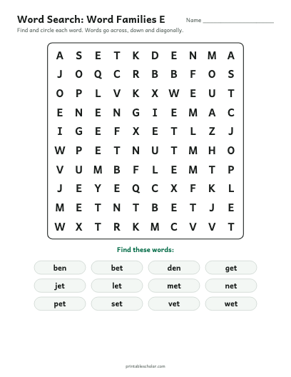 Word Families E word search printable preview